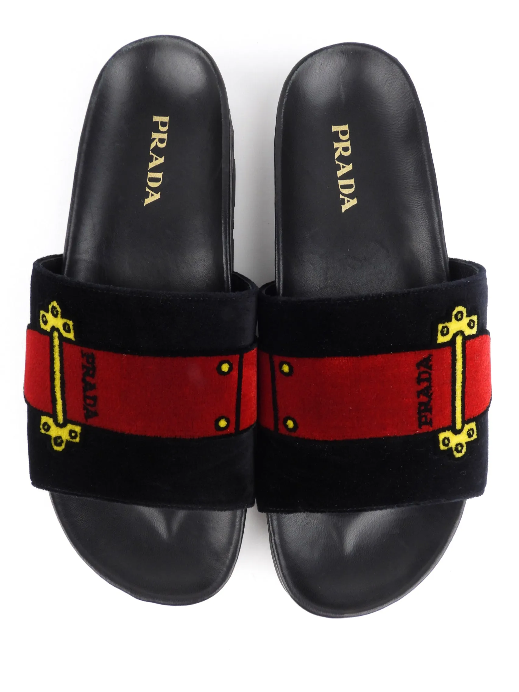 Prada Black and Red Printed Velvet Flip Flop Slip on Sandals - 40.5