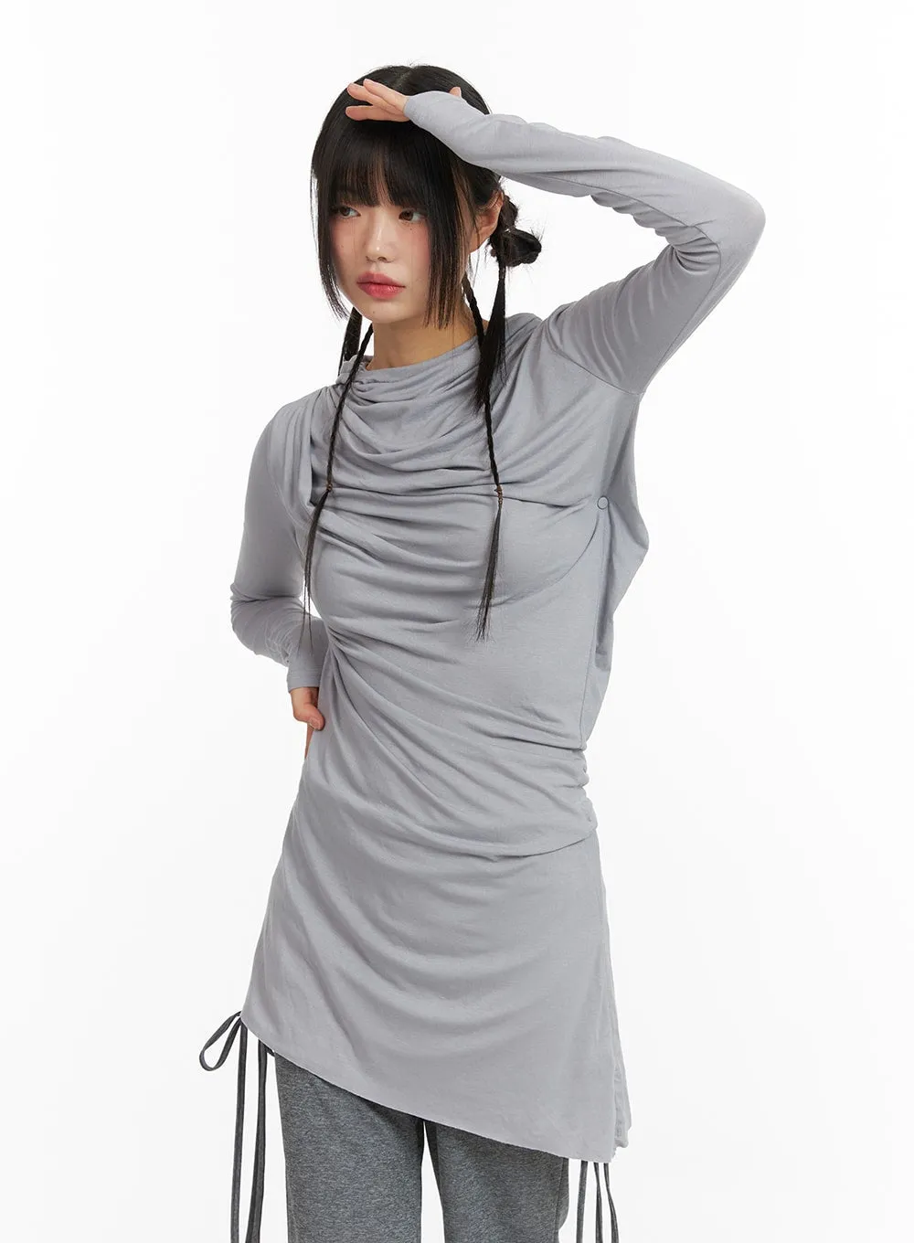 Shirred Hooded Long Sleeve Dress CF422