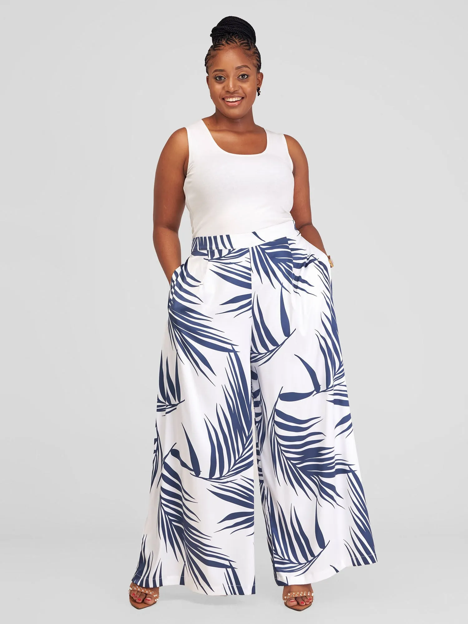 Vivo Alika High Waist Pants - White / Navy Blue Siri Print