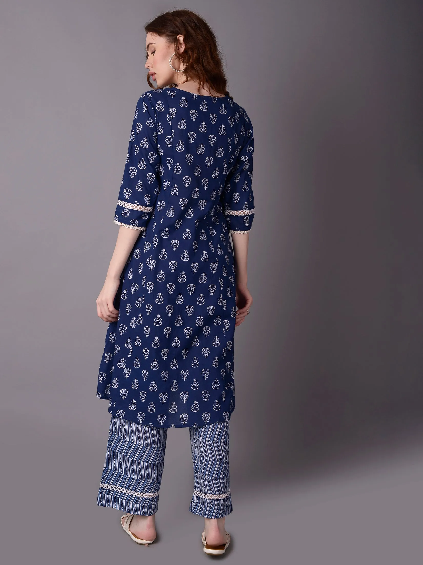 Women Blue A-line Printed Kurta With Comfort Pant