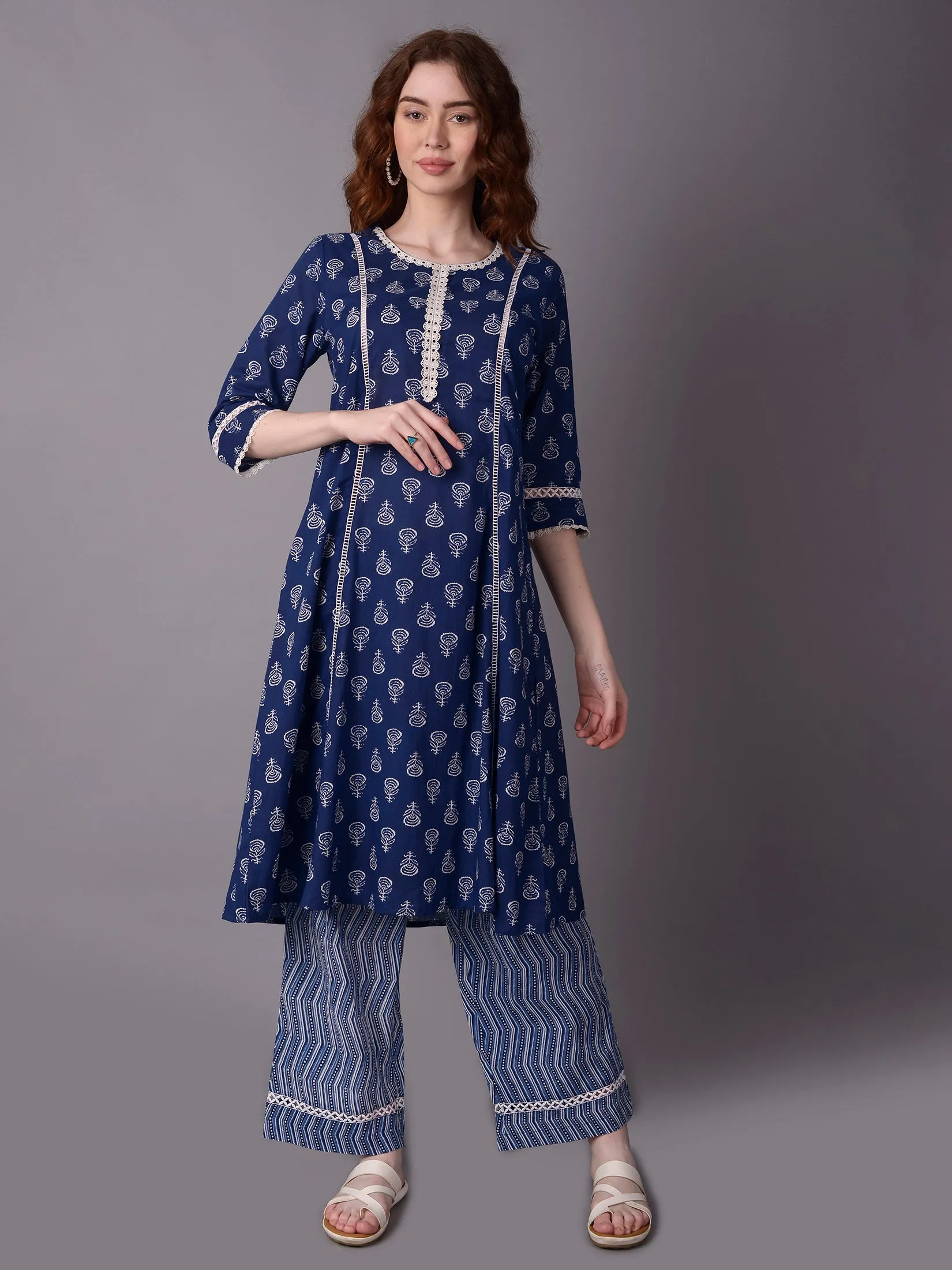 Women Blue A-line Printed Kurta With Comfort Pant