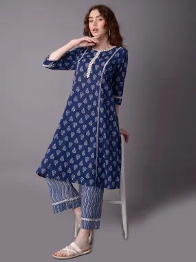 Women Blue A-line Printed Kurta With Comfort Pant