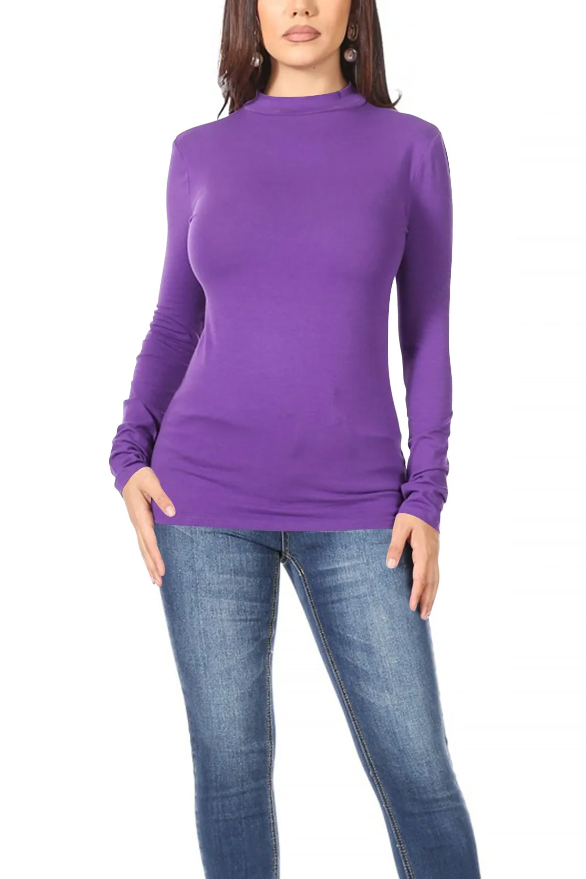 Women's Casual Solid Mock Neck Long Sleeve T-Shirt Top